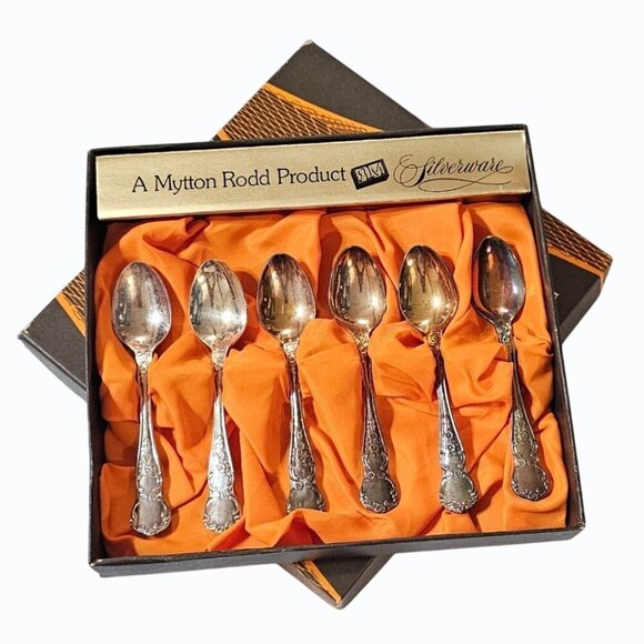 RARE 6 Vtg Mytton Rodd Silver Plated Coffee Spoons "Camille" in Original Box - Picture 2 of 13